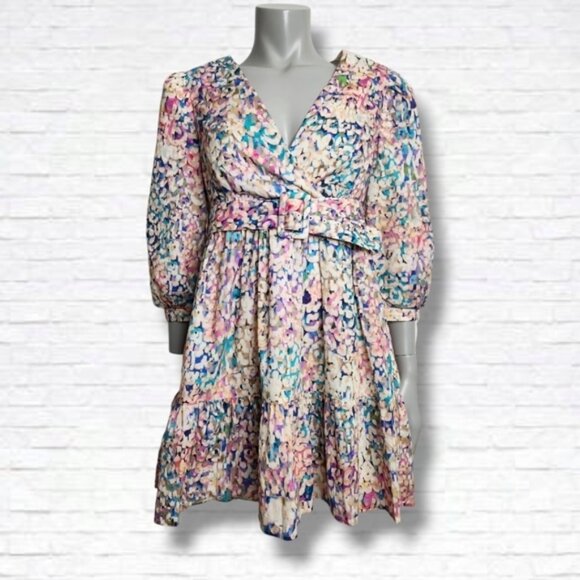 SHOL Los Angeles Abstract Print 3/4 Sleeve Tiered Mini Dress Size 4 BNWT - Picture 1 of 16